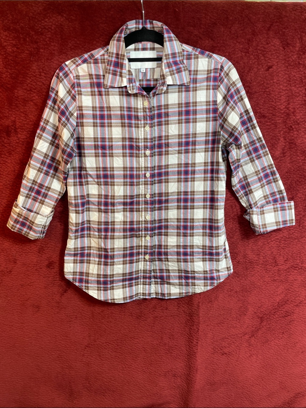 ❤️ The Shirt by Rochelle Behrens No-Gap Red White Brown Blue Plaid Button-Down S